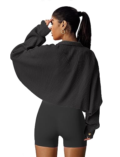Image of Panadila Women's Cropped Waffle Knit Shacket Short Button Down Jacket Batwing Sleeve Shirts with Pocket
