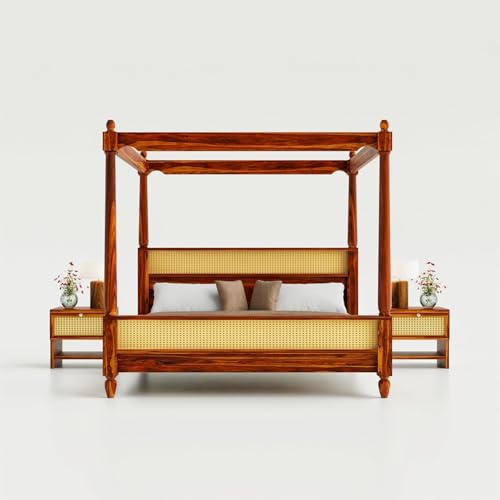 Image of Sheesham Wood Poster Bed Queen Size | Solid Wood Poster Bed Cot Wooden Double Bed Furniture for Bedroom Home and Hotel | Wooden Palang Divan (Natural Finish)