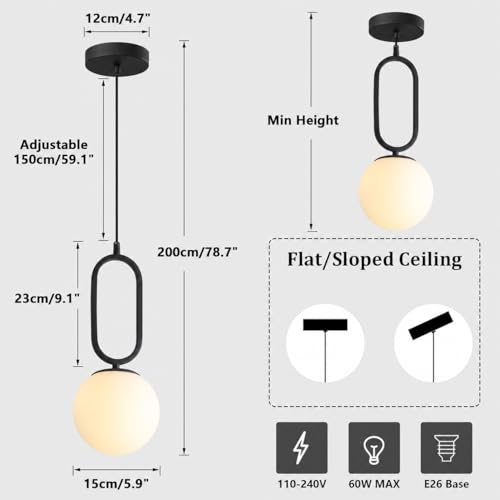 Image of Modern Black Pendant Lights Mid Century White Glass Hanging Light Fixture Retro Industrial Pendant Lamp Vintage Pendant Light for Kitchen Living Dining Room