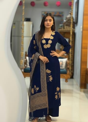 Image of ANNI Designer Women's Rayon Viscose Straight fit Printed Embroidered Kurta with Pant & Dupatta | Ethnic Kurta Set for Women | Daily, Office & Festive Traditional