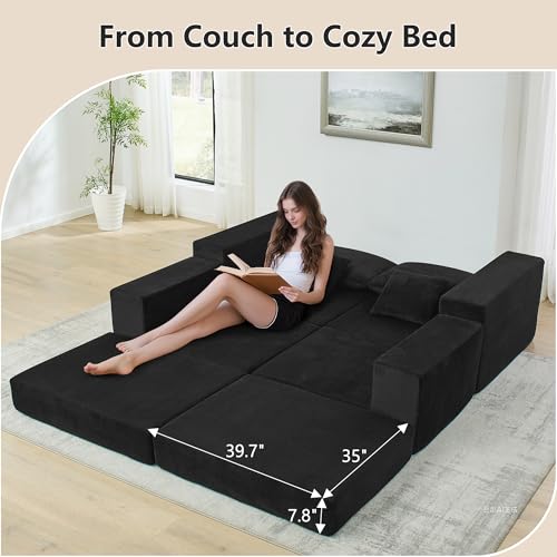 Image of Modular Boneless Floor Couch, Modern Cozy Corduroy Cloud Loveseat Couch with Ottoman, Memory Foam, Convertible Sleeper Sofa Bed for Living Room, Small Spaces, Assembly Free, Black