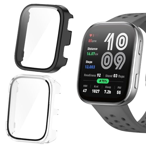 Compatible for Amazfit Bip 6 Case, Lamshaw Hard PC Case with Tempered Glass Screen Protector Compatible with Amazfit Bip 6 Smart Watch 46mm (2 Pack-Black+Clear)