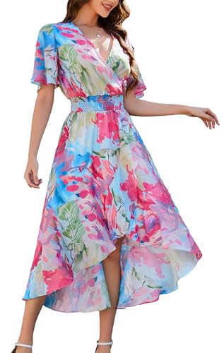 Image of Kormei Womens Short Sleeve Floral Maxi Dress High Low V-Neck Flowy Party Long Dresses