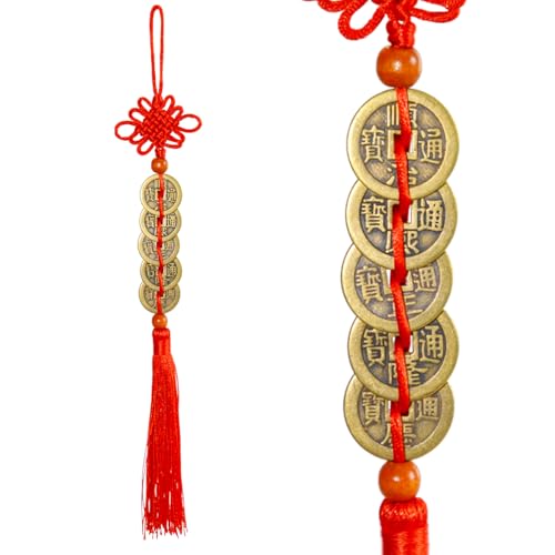 Feng Shui Solid Brass Five Emperor Coins, Thick Chinese Feng Shui Lucky Coin Set for Wealth Protection, Hanging Amulet for Home Car Mirror Decor, Festival Housewarming Gift