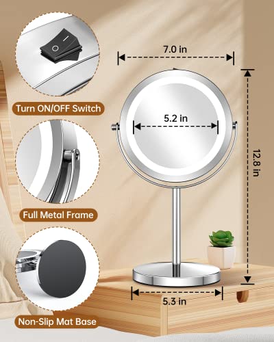 Benbilry Led Makeup Mirror With Lights And Magnification, 1X/10X Magnifying Lighted Magnifying Vanity Mirror, Dual Power Supply 360° Swivel Standing Shaving Mirror Bathroom Light Up Mirror (Silver) #TOP4