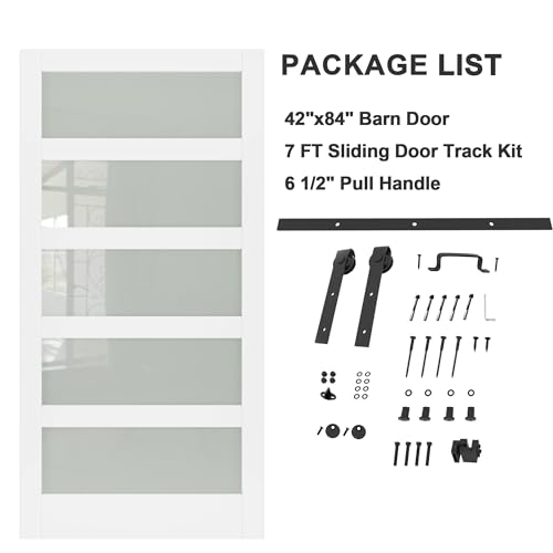 Image of 42 inchx84 inch Frosted Glass Barn Door with 7FT Sliding Hardware & Handle, White | Pre-Drill Holes Barn door for Easy Assembly, Solid Wood Sliding Barn Door with Excellent Privacy Protection & Sound Reduction
