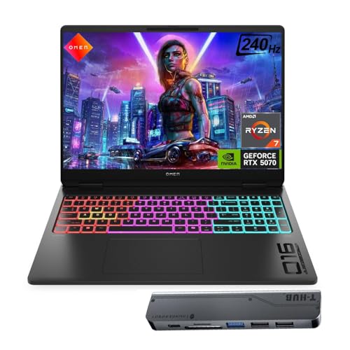 HP Omen MAX RTX 5070 Gaming Laptop, 16' WQXGA 240Hz, AMD Ryzen AI 7 350, 32GB DDR5 RAM, 1TB SSD, HyperX-Tuned RGB Backlit Keyboard & Audio, Bundle with Thunderobot 7 in-1 USB-C Hub, Win 11 Home, Black