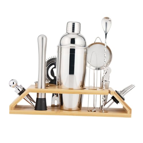Healifty Herramientas para Coctelería de Acero Inoxidable con Coctelera Soporte de Bambú Kit Profesional para Bar Casa para Bartenders y Fiestas