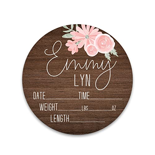 Birth Stat Sign Personalized for Newborn Baby, Pink Flowers Dark Base, Crib & Nursery Decor, Photography Prop, Baby Shower Gifts, Gender Reveal, Pregnancy Announcement, Hickory Hollow Designs