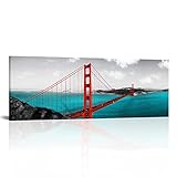 Conipit XLarge Us City Wall Art Red Golden Gate Bridge Canvas San Francisco Picture Blue Sea Red Bridge Black and White Skyline Artwork for Home Office Decor Framed Ready to Hang 20x56 Inch