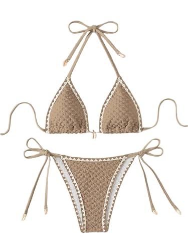 GORGLITTER Damen Neckholder Bikini Sets 2 Piece Swimsuits Zweiteiliges Bikini- Set Farbblock Bademode Triangel Bikinitop und Tanga Swimwear Schwimmanzug Khaki S-5