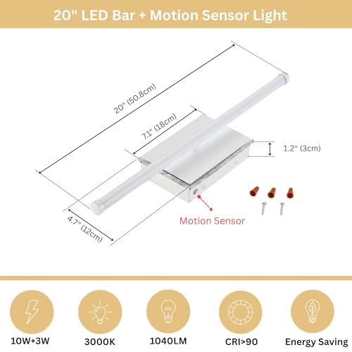 Image of 20-Inch Smart LED Vanity Light Bar | Dual Light Source (10W Main /3W Motion Sensor) | 4 Switch Modes (Incl. Night Light) | 3000K, 1040LM, CRI 90+, Dimmable, ETL (Matte White)