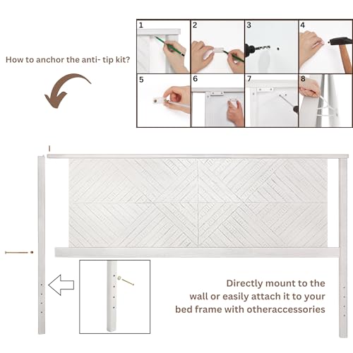 Image of Bme Ethan Diamond King Size Headboard ONLY, Rustic and Scandinavian Style, Solid Acacia Wood, Easy Assembly, King Size Headboard Option Available, Classic Design for Bedrooms, Rustic White
