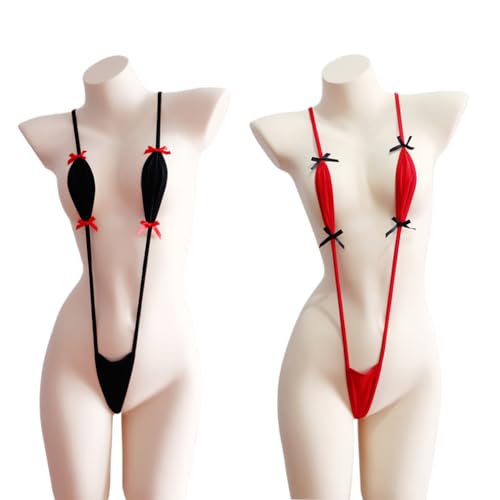 Satz von 2 Damen Sling Shots Bikini V-Ausschnitt Extreme Micro Monokini Badeanzug EIN Stück Bademode Dessous (DE/NL/SE/PL, Alphanumerisch, Einheitsgröße, Regular, Regular, Schwarz Rot)