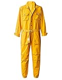 Snoly Men Cotton Button Flight Suit With Belt, Twill Stain & Wrinkle Resistant Work Coverall, Action Back Jumpsuit (Small, Yellow)