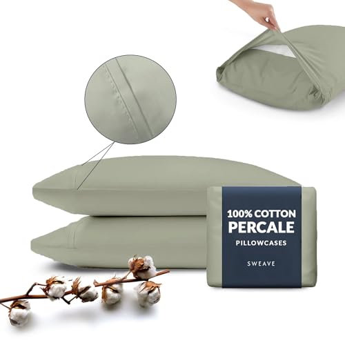 Percale Pillow Cases Standard Size - 100% Cotton Percale Pillowcases - Cool, Crisp, Breathable, Skin-Friendly Pillowcases, Envelope Closures, Z-Hem Stitch, Oeko-Tex Certified - Queen, Sage Green