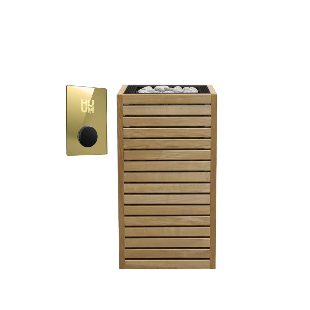 HUUM CORE6 6.5KW Series, Sauna Heater, Customizable Exterior with Control (Sauna Stones Included) (6.5kW Thermo-Aspen Wood - Black Stainless Steel Inlay, UKU WiFi - Gold)