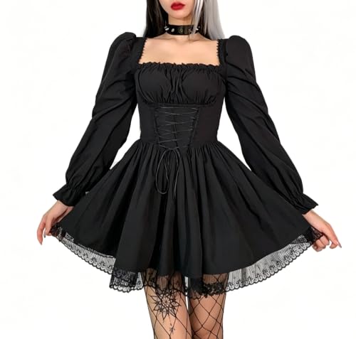 Image of DINGJIUYAN Long Sleeve Dress Women Square Neck Ruched Corset Mini Dresses Vintage Lolita Gothic Pleated Milkmaid Dress Black S