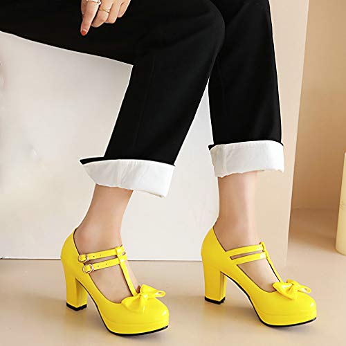 Parisuit Womens T Strap Platform Mary Jane Shoes Chunky High Heels Patent Leather Pumps with Bow4