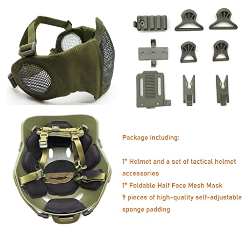 Tactical Airsoft Fast Helmet Pj Type And Metal Mesh Mask Foldable Double Straps Protect Ear Full Face Protection (Green) #TOP2