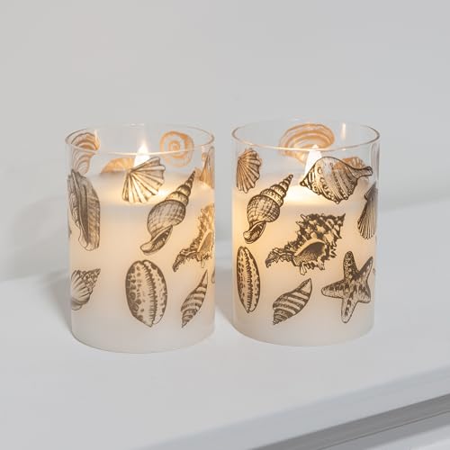 Image of LumaBase Battery Operated LED Glass Candles with Flickering Flame, Seashells - Set of 2