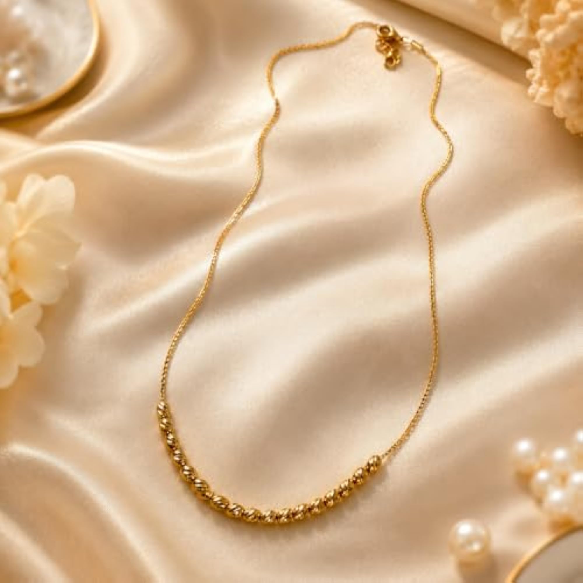 Premium Gold Tone Textured Bead Necklace, Elegant Dainty Chain