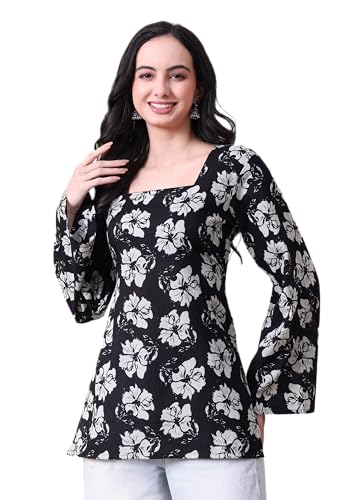 Image of MEERA FAB Women's Floral Printed Cotton Short Kurta | Floral Printed Kurta with Full Sleeves | Short Kurti for Women