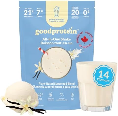 Good Protein All-in-One Shake Plant-Based Protein Powder, Vanilla Milkshake | 21g Protein, 7g Fibres, 0g Sugar, Vegan, Dairy Free, Gluten Free, 20 fruits and veggies, 25+ Essential Nutrients, Non-GMO.