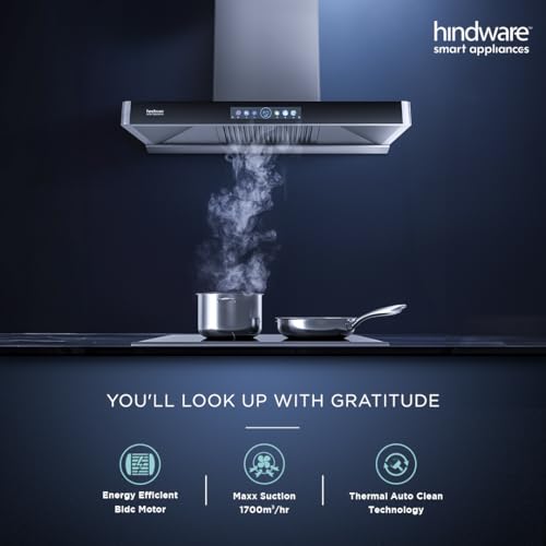 Image of Hindware Smart Appliances | MARCELLA AUTOCLEAN 90 IN | Suction 1700 m /hr* | BLDC Motor | Filterless, Auto Clean Wall Mounted Chimney | Made in India | 12 Yrs Warranty on Motor & 3 Yrs on Product