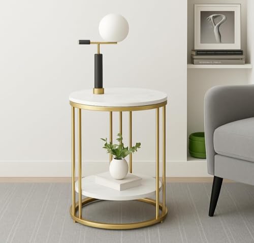 Image of Round Industrial Coffee Table | 2 Tier Rustic MDF Wood Faux Marble Top | Black Metal Frame | Storage Shelf Vintage Centre Furniture for Living Room Bedroom Lounge Office Apartment Home Decor