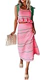 Seyumixi Women Crochet Knit 2 Piece Vacation Outfits Sleeveless Striped Tie Shoulder Tank Top Bodycon Midi Skirt Set(Pink,S)