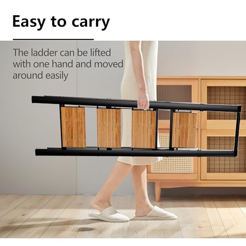 Image of SOLADDER Step Ladder 4 Step Folding Stool with Anti-Slip Widened Sturdy Pedal and Handgrip, Portable Lightweight Aluminum Ladder for Home,Kitchen,300 lbs Capacity-Black+Woodgrain