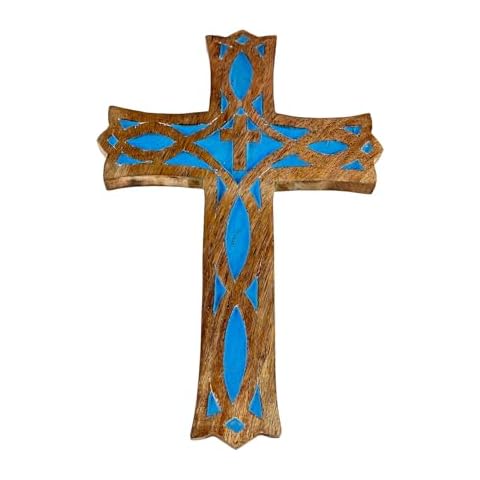 S.B.ARTS Wooden Wall Cross Handmade Wall Crucifix with Hand Carvings Cross for Baptism Gifts - Christians Spiritual Hanging Ornament for Wall Decor and Church - (Blue, 12 Inches) Cover