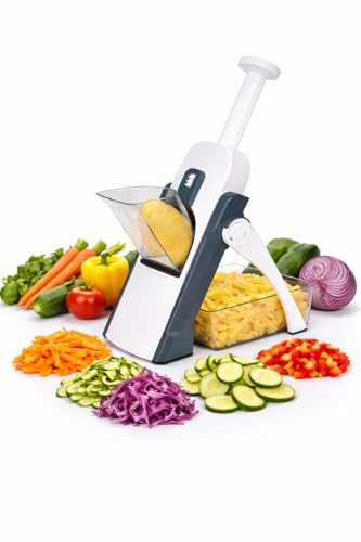 Mandolina per Verdure Professionale, Multifunzionale con Spessore Regolabile, Affettatrice Manuale in Acciaio Inox con Base Antiscivolo e Sistema di Sicurezza