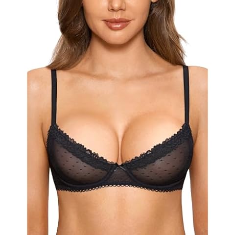 DOBREVA Women's Balconette Lace Bra See Through Demi Sheer Mesh Plus Size Underwire Black 34C Cover