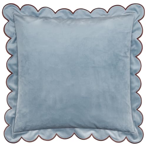 furn. Lil Scallop Cushion Cover – Colourful Velvet Piped Scalloped Edge Decorative Case (Blue/Brown – 45x45cm)