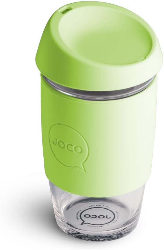 JOCO 16oz Travel Friendly Eco-innovative Borosilicate Reusable Classic Glass Coffee Cups, Microwave Safe Travel Coffee Cup, 100% Plastic Free Thermal Shock Resistant Glass Mug (Green Haze)