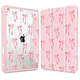 ICEKEE Case for iPad 9th/8th/7th Generation 10.2-Inch (2021/2020/2019 Release), with [Built-in Pencil Holder] Shockproof Cover with Clear Transparent Back Shell & Auto Wake/Sleep - Pink Ribbon Bow