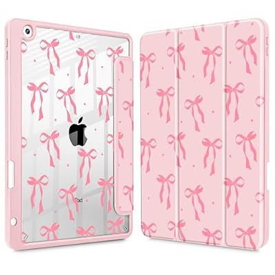 ICEKEE Case for iPad 9th/8th/7th Generation 10.2-Inch (2021/2020/2019 Release), with [Built-in Pencil Holder] Shockproof Cover with Clear Transparent Back Shell & Auto Wake/Sleep - Pink Ribbon Bow
