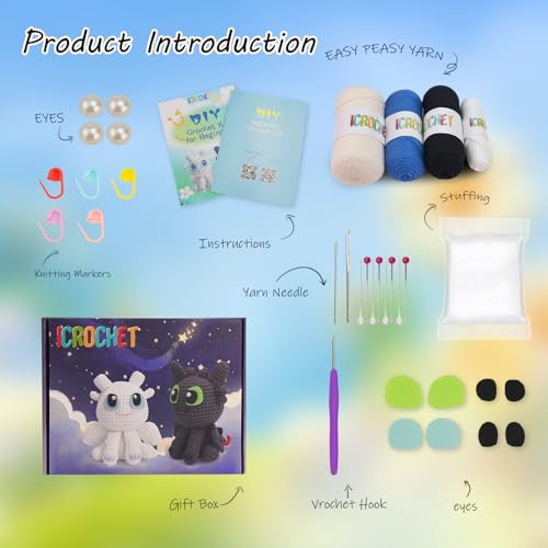 Image of Crochet Kit for Beginners,Beginner Crocheting Animals Kits w Step-by-Step Video Tutorials, Knitting Starter Pack for Adults and Kids,2 Pack Dragon