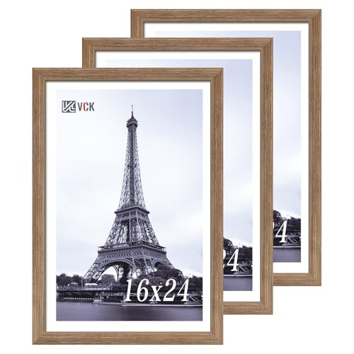 Image of VCK 16x24 Poster Frame Solid Wood Walnut 3 Pack Picture Frames 16 x 24 Inches with Wall Mounting Hanging