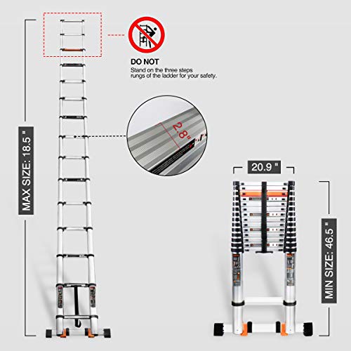 18.5 FT Aluminum Telescoping Ladder, Extension Ladder with Stabilizer Bar, Hook and Nonslip Plastic Block for Household Daily, Maximum Load 330 Pound