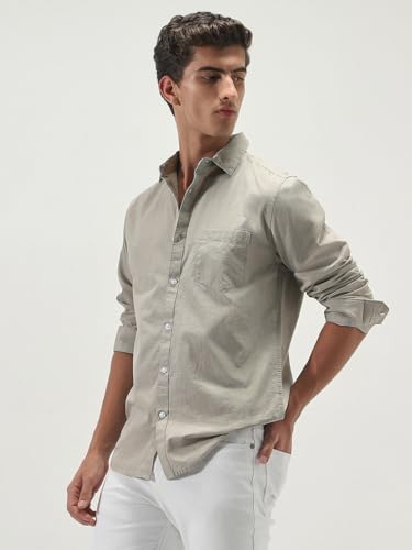 Image of Urbano Fashion Men's Cotton Full Sleeve Regular Fit Casual Solid Slub Shirt with Spread Collar