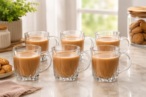 Image of IndusBay Pack of 6, 230 ML Square Borosilicate Glass Tea Cups Clear Glass Tea Coffee Mugs with Handle, Microwave Safe, Clear