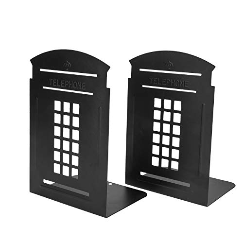 MerryNine 2 Pack Book Ends, Metal Bookends for Shelves, Telephone Booth Decorative Bookends, Non Skid Heavy Bookends, Book, Magazine or CD Organizers for Home and Office (Black-2pcs)