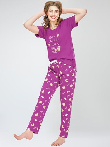 Image of ZEYO Night Suit for Women's Cookies & Cup Printed Cotton Night Dress of Top and Pajama Set 5772