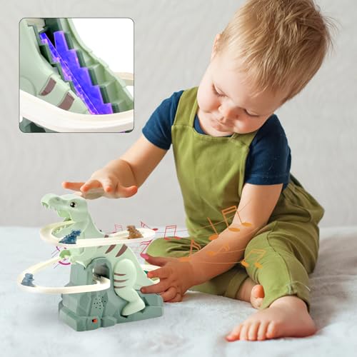 DAWRSI Treppensteigen Spielzeug Elektrische Dino Slide Track mit Licht und Musik Dinosaurier Achterbahn Spielzeug Treppe Klettern Rennbahn Spielzeug Kinder Dinosaur Climbing Roller Coaster Toy