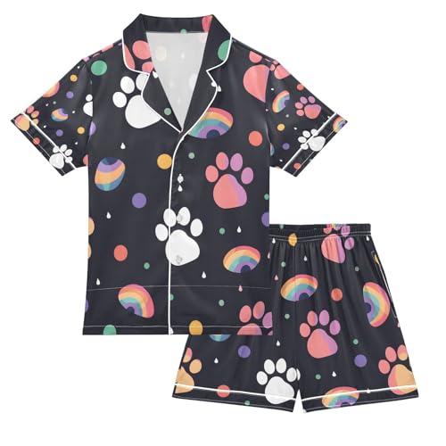 senya Cartoon Paw Print Cat Satin Summer Pajama Sets Silk Short Sleeve Button Down Sleepwear
