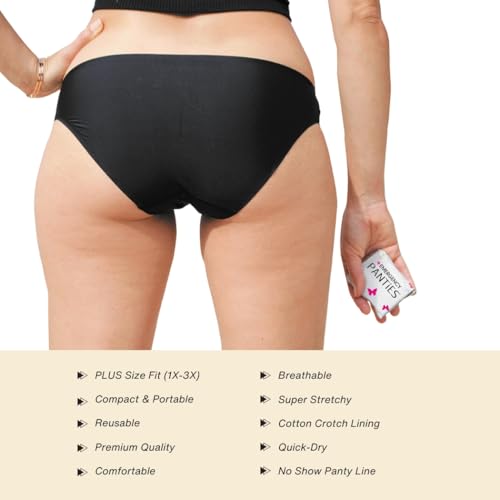 Emergency Panties 4in1 Kit = Seamless Underwear, Fresh Wipe & Liner Accidents Travel On-The-Go Toiletry Kit Plus Size fit 1X-3X Black Bikini3
