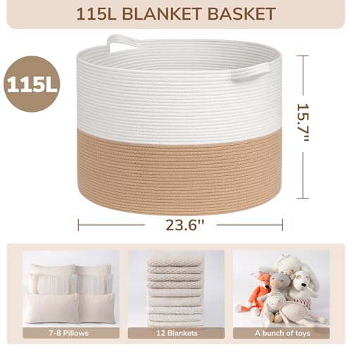 Image of INDRESSME 115L Extra Large Jute Rope Basket, Blanket Basket Home Decor Baby Laundry Baskets for Toys Storage Bedroom, Living Room, Nursery, Boho Hamper for Colthes Towel, White & Camel